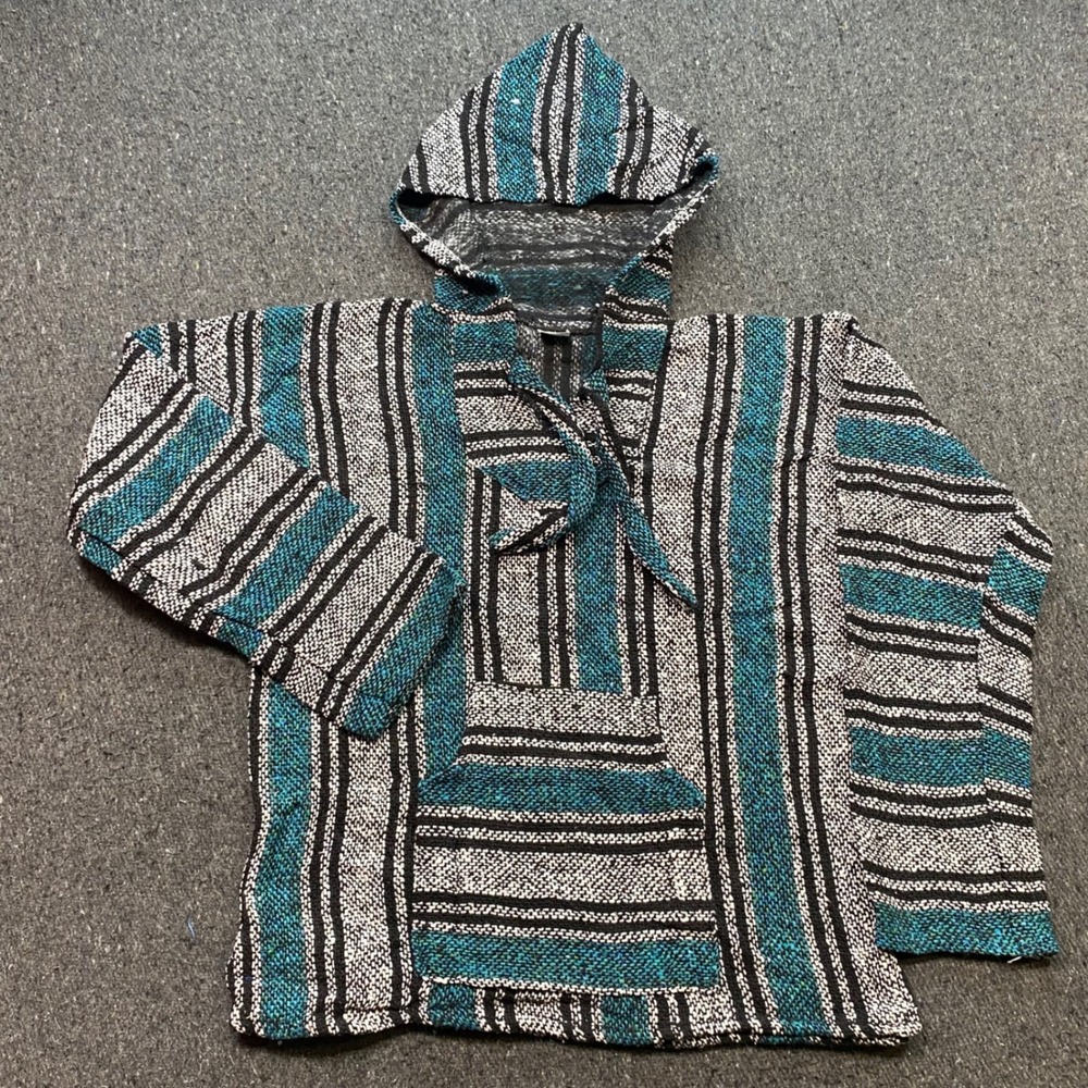 Artesanias‎ Baja Hoodie Sz M Mens Teal Striped Skater Grunge Drug Rug Pullover